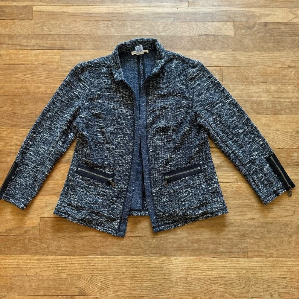 Peyton Jensen gray cream open front 3/4 sleeve sweater jacket size small S
b32